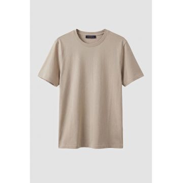 Tricou uni din bumbac cu decolteu rotund - Maro nisip