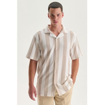 Camasa cu maneci scurte si rever decupat - Alb/Bej