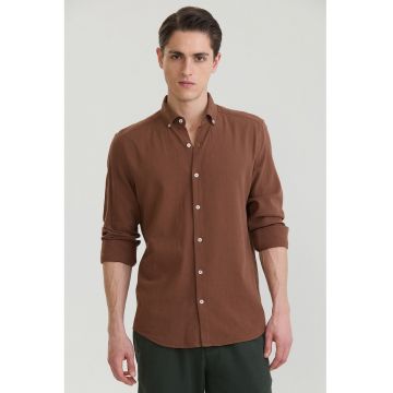 Camasa din amestec de in cu guler Oxford