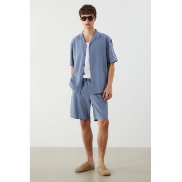 Camasa din amestec de in cu maneci scurte - Albastru prafuit