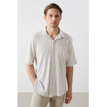 Camasa in dungi cu maneci scurte - Alb fildes/Bleumarin