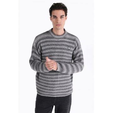 Pulover cu model in dungi si maneci cazute - Gri melange
