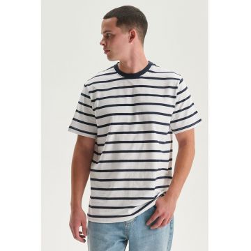 Tricou cu decolteu la baza gatului si model in dungi - Negru stins/Alb murdar