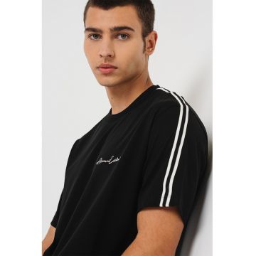 Tricou de bumbac cu decolteu la baza gatului - Negru/Alb optic