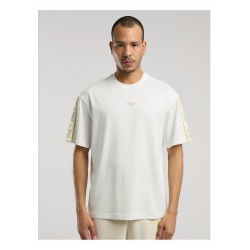 Tricou din amestec de bumbac cu decolteu la baza gatului si imprimeu cu logo - Alb