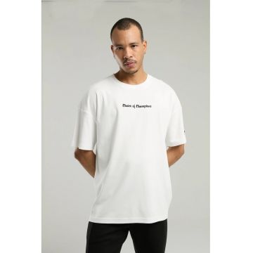 Tricou din amestec de bumbac cu decolteu la baza gatului si imprimeu cu logo - Alb