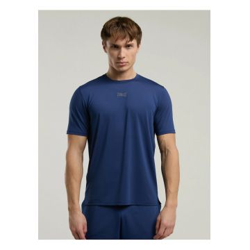 Tricou din amestec de bumbac cu decolteu la baza gatului si imprimeu cu logo - Albastru