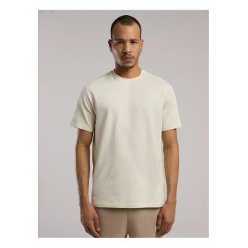 Tricou din amestec de bumbac cu decolteu la baza gatului si imprimeu cu logo - Bej