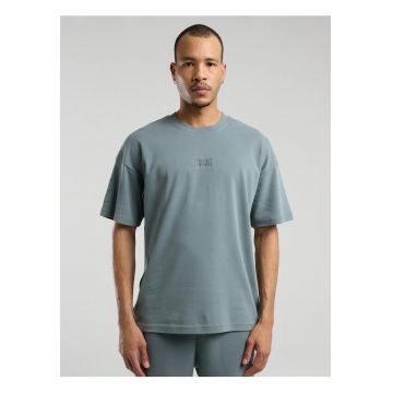 Tricou din amestec de bumbac cu decolteu la baza gatului si imprimeu cu logo - Gri