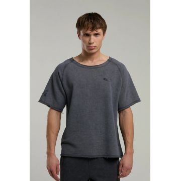 Tricou din amestec de bumbac cu decolteu la baza gatului si imprimeu cu logo - Gri inchis