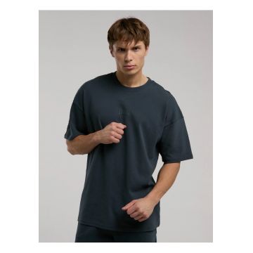 Tricou din amestec de bumbac cu decolteu la baza gatului si imprimeu cu logo - Gri inchis