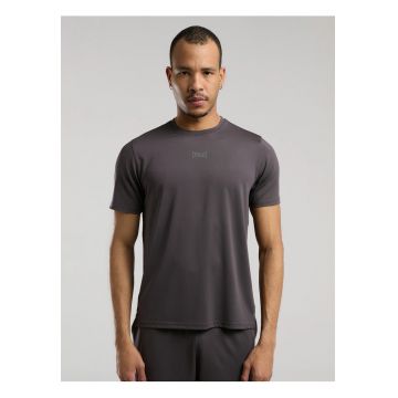 Tricou din amestec de bumbac cu decolteu la baza gatului si imprimeu cu logo - Gri inchis