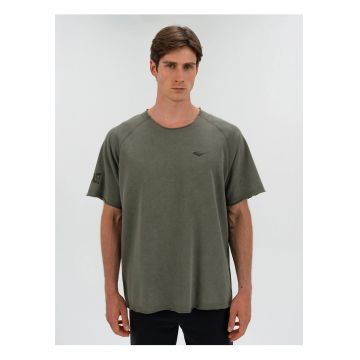 Tricou din amestec de bumbac cu decolteu la baza gatului si imprimeu cu logo - Kaki