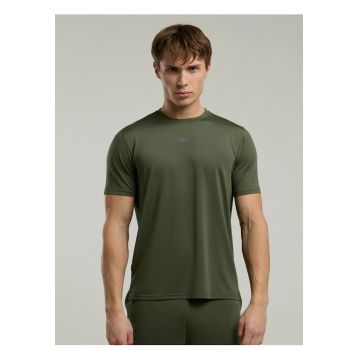 Tricou din amestec de bumbac cu decolteu la baza gatului si imprimeu cu logo - Kaki inchis