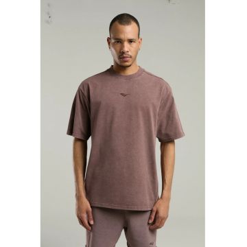 Tricou din amestec de bumbac cu decolteu la baza gatului si imprimeu cu logo - Maro