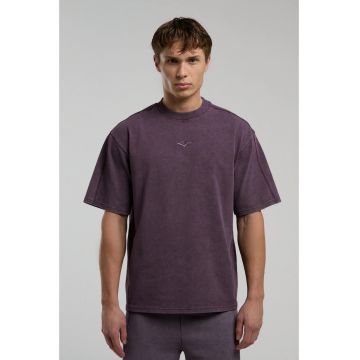 Tricou din amestec de bumbac cu decolteu la baza gatului si imprimeu cu logo - Mov inchis