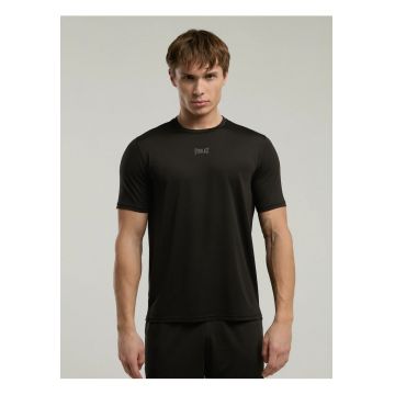 Tricou din amestec de bumbac cu decolteu la baza gatului si imprimeu cu logo - Negru