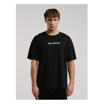 Tricou din amestec de bumbac cu decolteu la baza gatului si imprimeu cu logo - Negru