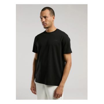 Tricou din amestec de bumbac cu decolteu la baza gatului si imprimeu cu logo - Negru