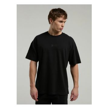 Tricou din amestec de bumbac cu decolteu la baza gatului si imprimeu cu logo - Negru