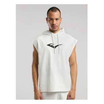 Tricou tip hanorac - fara maneci - cu gluga si imprimeu cu logo - Alb