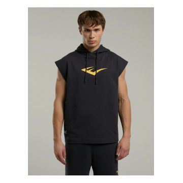 Tricou tip hanorac - fara maneci - cu gluga si imprimeu cu logo - Gri inchis