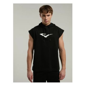 Tricou tip hanorac - fara maneci - cu gluga si imprimeu cu logo - Negru