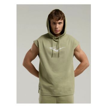 Tricou tip hanorac - fara maneci - cu gluga si imprimeu cu logo - Verde deschis