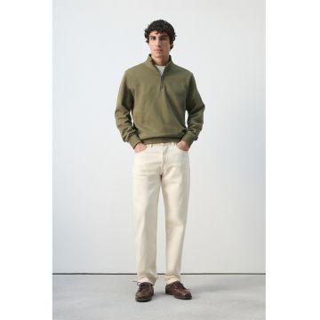 Bluza de trening din bumbac cu guler cu fermoar - Verde masliniu