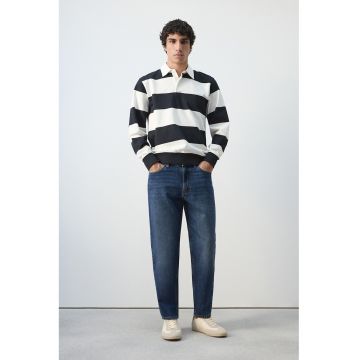 Bluza de trening polo cu dungi - Alb/Bleumarin