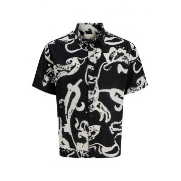 Plus Camasa barbati big sizes - din bumbac - cu imprimeu abstract - Resort fit - Negru