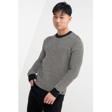 Pulover tricotat cu accente contrastante - Kaki inchis/Alb optic