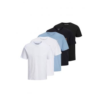 Set de tricouri de bumbac cu decolteu la baza gatului - 5 piese - Alb/Albastru