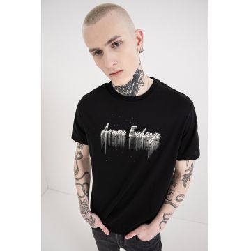 Tricou cu logo si decolteu la baza gatului - Negru/Alb murdar