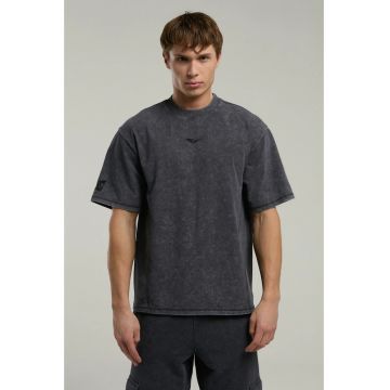 Tricou din amestec de bumbac cu decolteu la baza gatului si imprimeu cu logo - Gri cenusiu