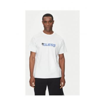 Tricou din bumbac cu imprimeu logo si decolteu la baza gatului - alb