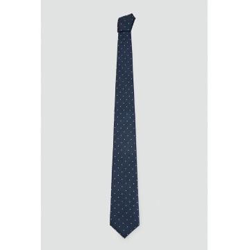 Cravata din amestec de matase cu buline - Alb/Bleumarin