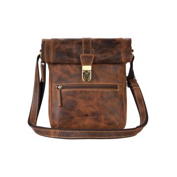 Geanta umar barbati  piele naturala maro antichizat - 24x27x8cm - compartiment cu fermoar - curea reglabila