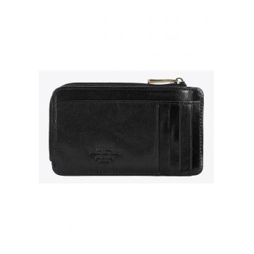 Portofel barbati  etui din piele naturala - 2 compartimente deschise - 1 compartiment cu fermoar - negru