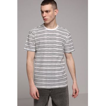 Tricou de bumbac cu dungi - Alb/Maro taupe/Negru stins