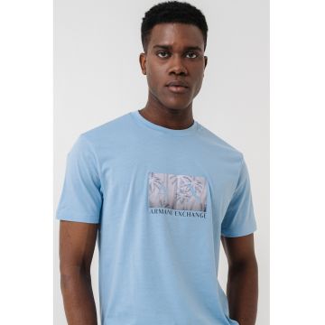Tricou din bumbac cu imprimeu logo - Albastru pastel/Grej