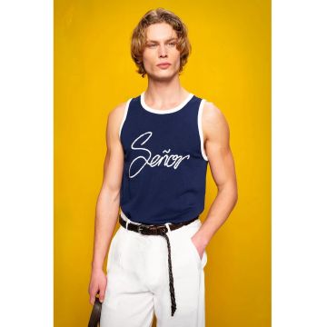 Maiou barbati -  tricou slim fit fara maneci - imprimeu cu motto - albastru - 100% bumbac -