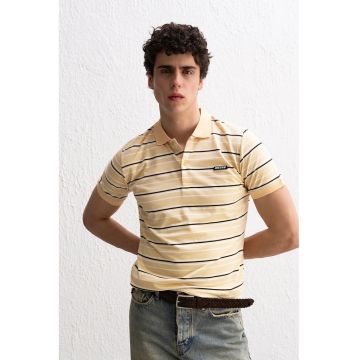 Tricou barbati -  cu guler polo - dungi - galben - poliester-viscoza-elastan -