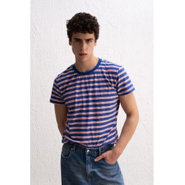 Tricou Barbati -  guler rotund - dungi - albastru - poliester-viscoza-elastan