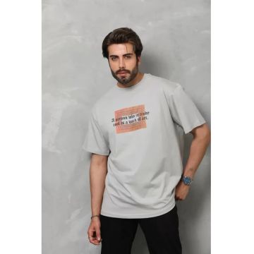 Tricou barbati  guler rotund - imprimeu text - gri - bumbac