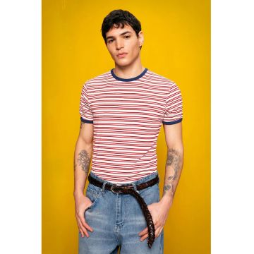 Tricou Barbati -  Slim Fit - dungi - rosu - elastic - poliester-viscoza-elastan