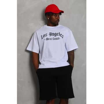 Tricou barbati -  supradimensionat - cu imprimeu pe spate - alb - bumbac