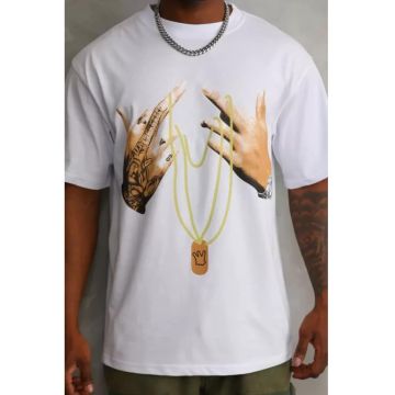 Tricou barbati  supradimensionat - imprimeu spate - alb - bumbac 85%