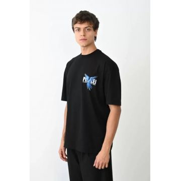 Tricou barbati -  supradimensionat - imprimeu spate - negru - bumbac