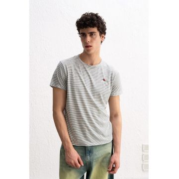 Tricou barbati -  tricou cu dungi - broderie - gri - poliester